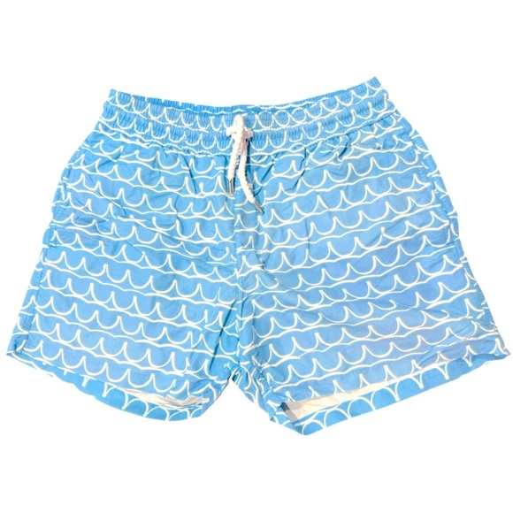 Frescobol Carioca Wave Print Swim Trunks Size M – Blue White Resort Swim Shorts - Picture 1 of 4